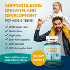 Akros Growth Gummies for Kids & Teens | Sugar-Free Calcium + Vitamin D3 & K2 Gummies - Height & Bone Support | Ashwagandha, Spirulina, L-Arginine | Non-GMO, Gluten-Free, 60 Raspberry-Watermelon Bears