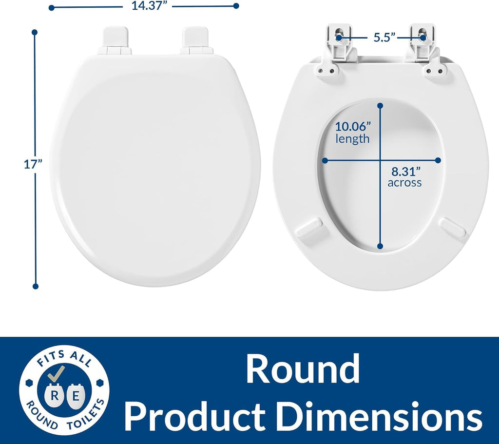 Mayfair Linden Slow Close Toilet Seat, Non Slip Heavy Duty Wood, Easy Install, Round, White
