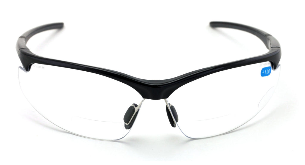 V.W.E. Bifocal Sport Protective Safety Glasses Bi-focal - Clear Lens Reader Reading - Ansi Z87.1 Certified (Matte Black, 1.25)