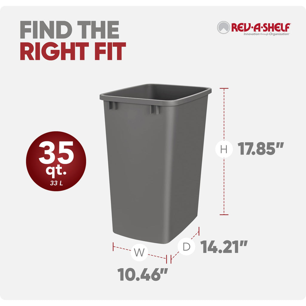 Rev-A-Shelf 2-Pack 35 Quart Polymer Replacement Trash Bin, Recycle Waste Garbage Container for Kitchen Cabinet Pullouts, Gray, RV-35-13-2 - Large Plastic Bins for Home and Office