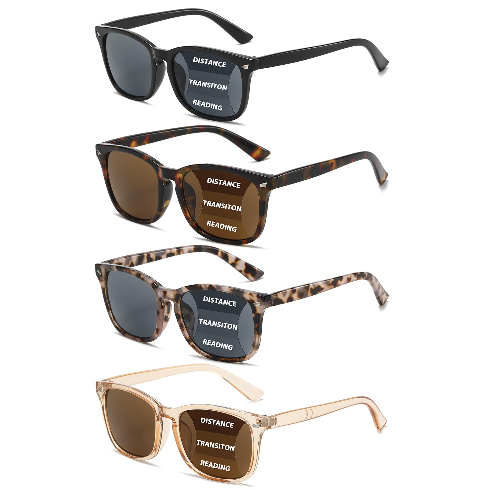 RLOZRN 4 Pack Progressive Reading Sunglasses for Women Men, No Line Square Multifocal Sun Readers UV400 Protection