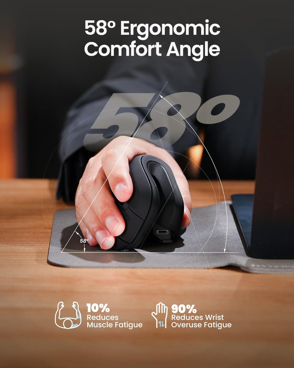 ProtoArc EM11 NL Wireless Ergonomic Vertical Mouse, Rechargeable, Black