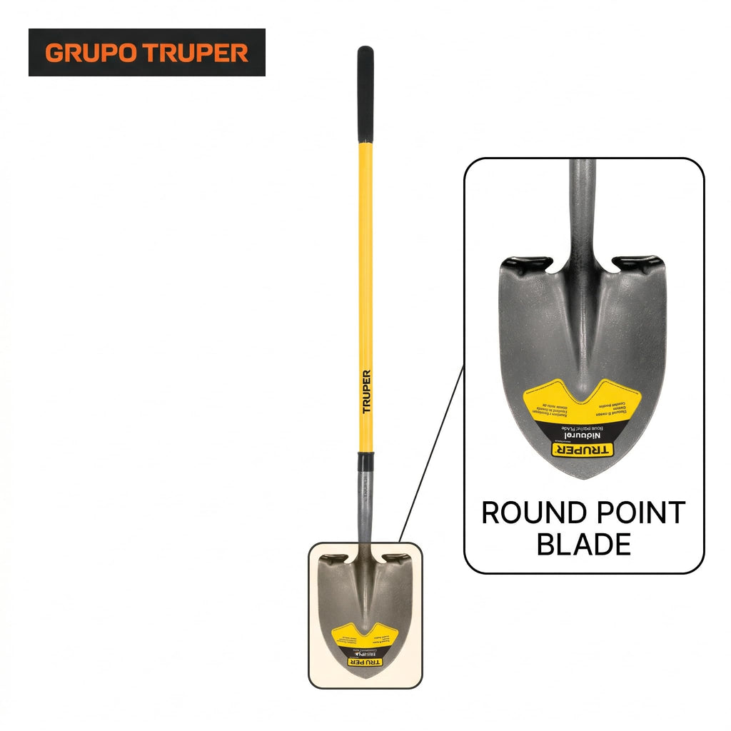 Truper Tru Pro Round-Point Shovel, 48-Inch Fiberglass Handle with 9-Inch Grip, Heavy-Duty Professional Digging & Gardening Shovel (Model PRL-F / 31198)