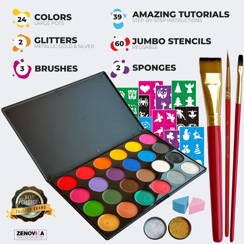 Zenovika Face Painting Kit for Kids - 60 Reusable Stencils & 39-Design Guide Book, 24 Large-Pan Water Activated Face Paints, Covers 30+ Full Faces, Washes Off with Soap & Water, Halloween & Party