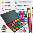 Zenovika Face Painting Kit for Kids - 60 Reusable Stencils & 39-Design Guide Book, 24 Large-Pan Water Activated Face Paints, Covers 30+ Full Faces, Washes Off with Soap & Water, Halloween & Party