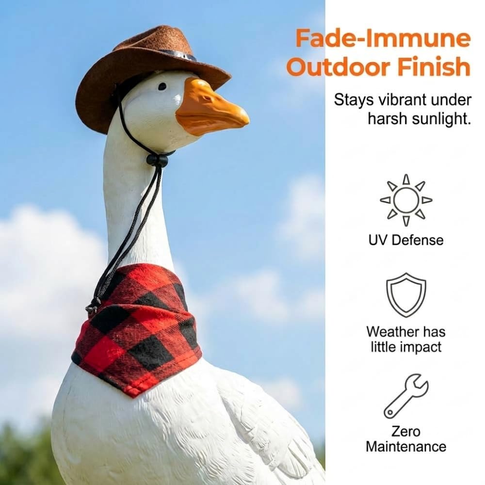 Premium Adjustable Large Porch Goose Statue – 14 Inch Realistic Hollow Plastic Garden Goose with Removable Cowboy Hat & Bandana, Stone Base with Sand-Fillable Design for Outdoor Stability (White)