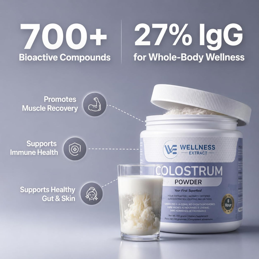 WELLNESS EXTRACT Bovine Colostrum Powder with Lactoferrin, Grass-Fed Organic Colostrum Supplement for Gut Health, Immune Support & Muscle Recovery, Rich in IgG & IGA, Unflavored, 2.1oz