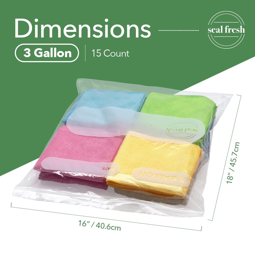 Seal Fresh 3 Gallon Large Plastic Storage Bags – 16" x 18" (15 Count) – Reusable XXL Extra Large Clear Jumbo Zip Bags with Sealable Zipper Top For Clothes, Travel, Moving