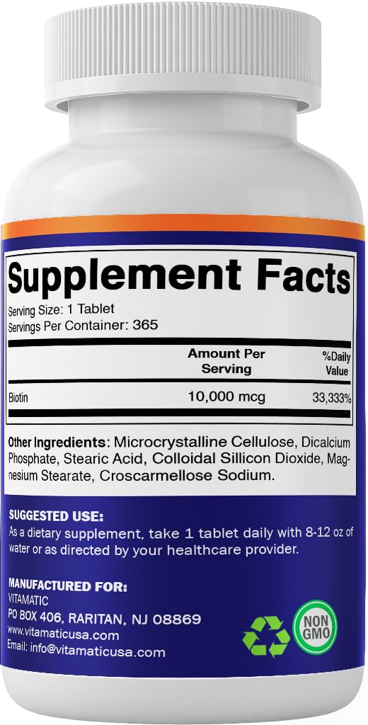 Vitamatic Biotin 10,000 mcg (10 mg) for Stronger Hair, Skin & Nails - 365 Vegan Tablets- Also Called Vitamin B7 (Pack of 2)