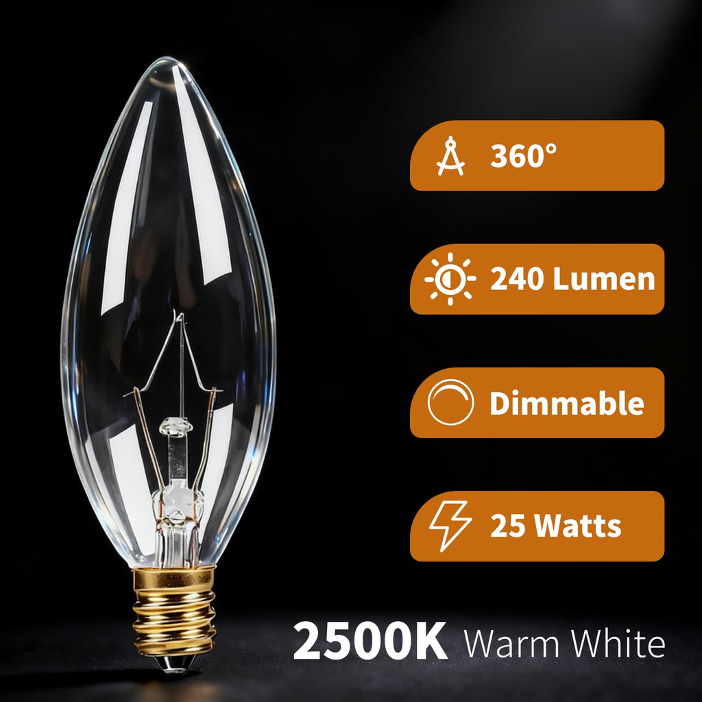 CYLYT 6-Pack E12 Candelabra Light Bulbs 25W, Dimmable Warm White 2500K Chandelier Light Bulbs for Indoor, B10 Clear Bulbs (Gold Base)