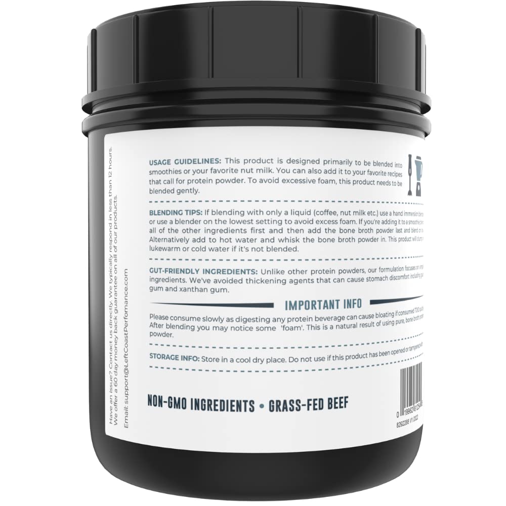 16oz Bone Broth Protein Powder From Grass Fed Beef - Unflavored, Single Ingredient - Rich in Collagen, Glucosamine, Gelatin, Paleo Protein Powder, Gut-Friendly, Non-GMO Ingredients, Dairy-Free Protein