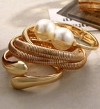 Chunky Gold Bangle Bracelets for Women, Dainty 14k Gold Plated Big Pearl Bangles Set, Trendy Statement Cuff Bracelet Stack Fashion Jewelry Gifts Summer Vacation Outfits