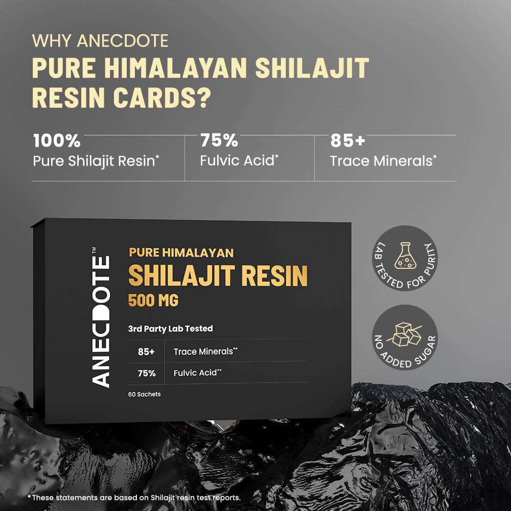 ANECDOTE Himalayan Shilajit Resin Cards 500mg | Boosts Stamina | Increases Productivity | 75% Fulvic Acid, 85+ Trace Minerals | No Added Sugar | Pack of 60