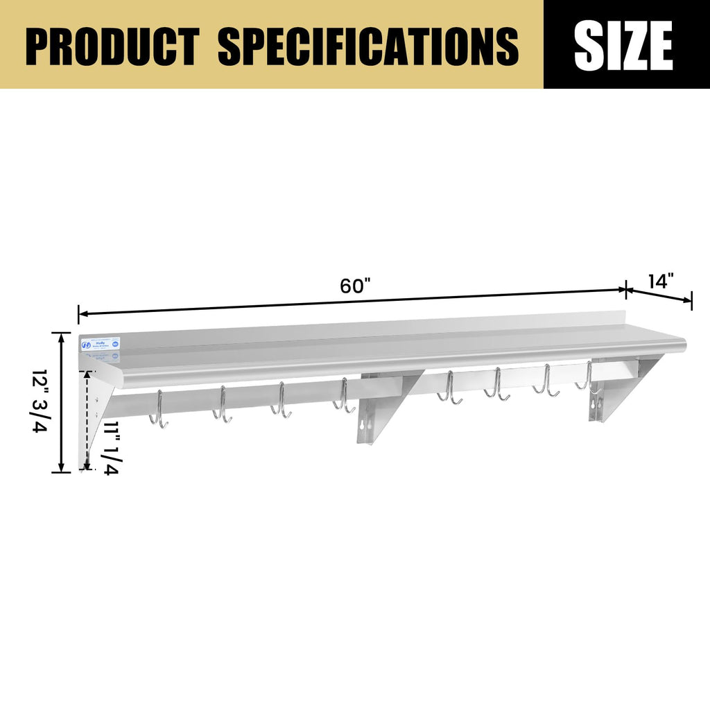 Hally Stainless Steel Shelf with 8 Hooks 14" x 60" Wall Mounted Pot Rack 400lb, NSF Commercial Floating Shelving for Storage Hanging Pots, Pans, cookware in Restaurant, Kitchen, Home and Hotel