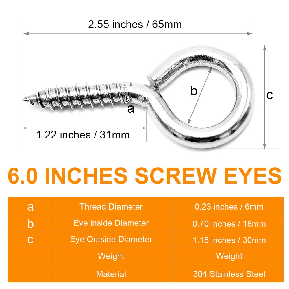 ACCZIO 16 Pack 304 Stainless Steel Eye Screws,2.5 Inch M6 Heavy Duty Eye Hooks Screw, Eye Bolts Screw in Eye Hooks for Wood, Eye Bolts for Secure Cable Wires, Indoor & Outdoor Use