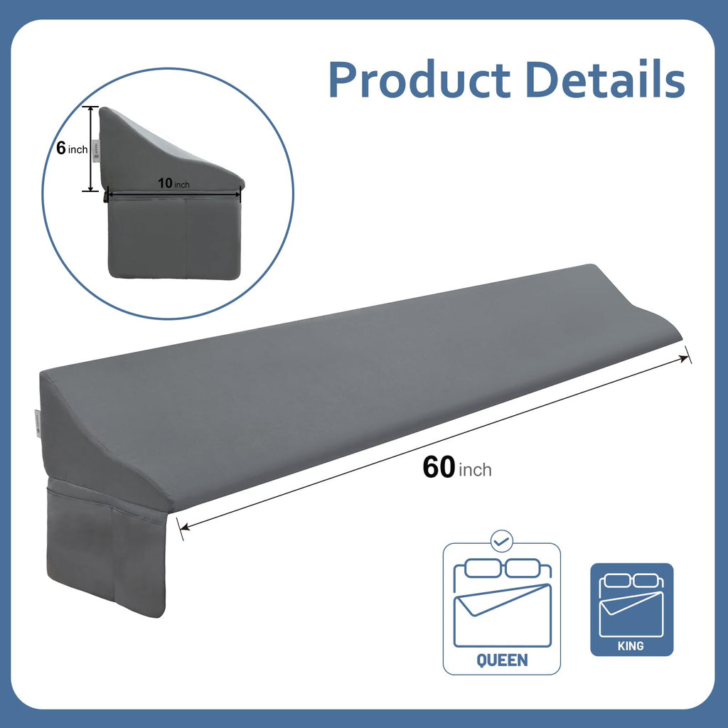 Vekkia Queen Bed Wedge Pillow for Headboard Gap – 0–6" Bed Gap Filler with Firm Foam Support & Extra-Large Pockets – Prevents Lost Pillows, Phones & Small Items(Gray)