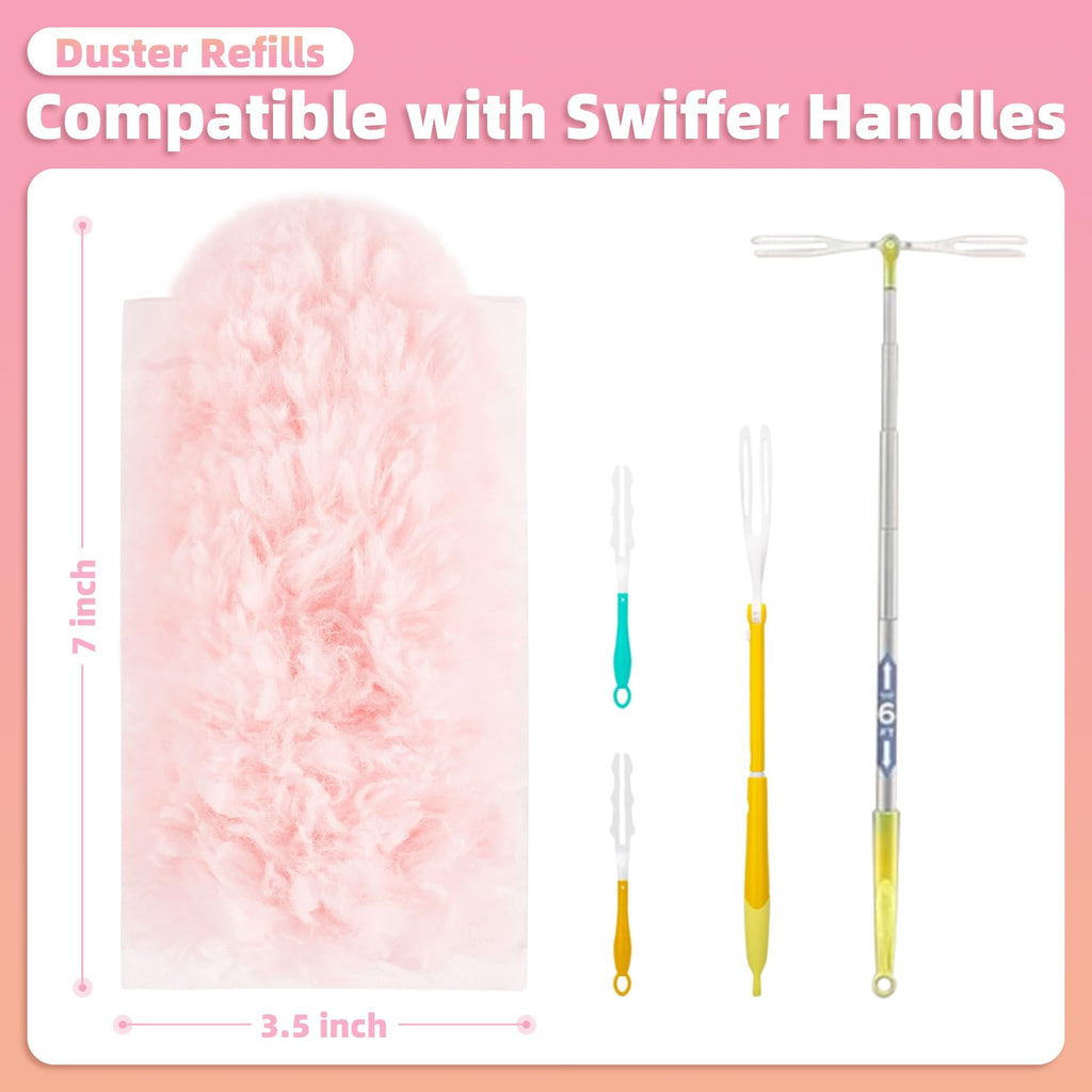 Nicemiya 30 Count Pink Duster Refills Compatible with Swiffer Handle, 360° Multi-Surface Duster Refills with 1 Handle, 5X Microfibers Disposable Dusters for Home, Office Cleaning