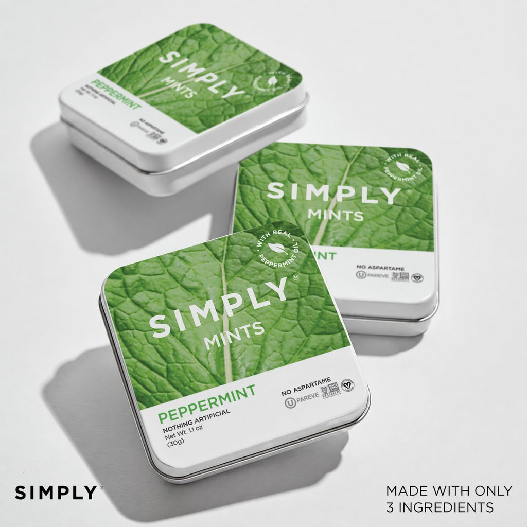 SIMPLY Peppermint Breath Mints, 6 Tins (30 Each) Sweetened by Cane Sugar