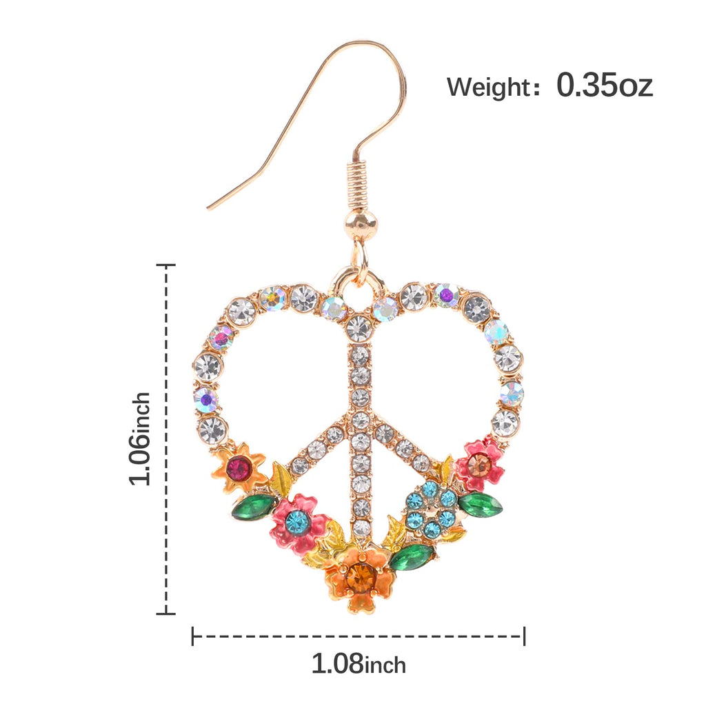Peace Sign Earrings, 70s Hippie Earrings, Boho Heart Flower Diamond Drop Earrings for Women, Zirconia Love Heart Pendant Dangle Peace Earring, Rose Gold Chain Birthday Valentines Day Jewelry Gifts
