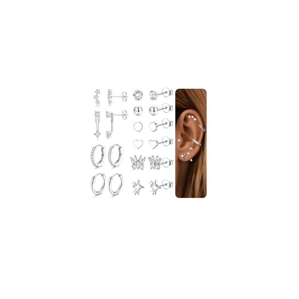 THUNARAZ 10 Pairs Sterling Silver Stud Earrings for Women Silver Hoop Set