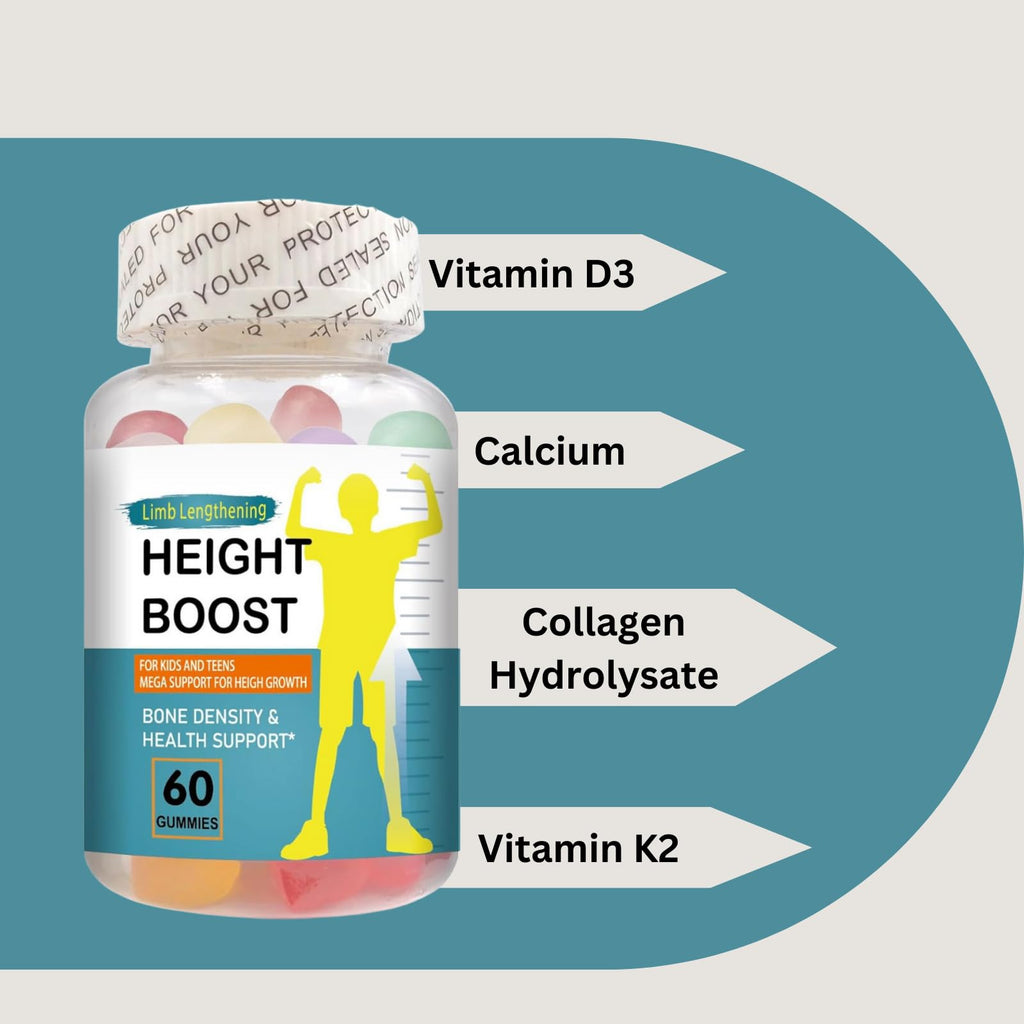 Height Boost Bone Growth Gummies for Kids & Teens – Natural Growth Support with Calcium, Vitamin D3, K2, Collagen Hydrolysate & Herbal Blend – Bone Strength & Height Supplement – 60 Gummies