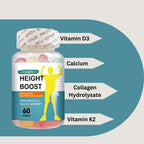 Height Boost Bone Growth Gummies for Kids & Teens – Natural Growth Support with Calcium, Vitamin D3, K2, Collagen Hydrolysate & Herbal Blend – Bone Strength & Height Supplement – 60 Gummies