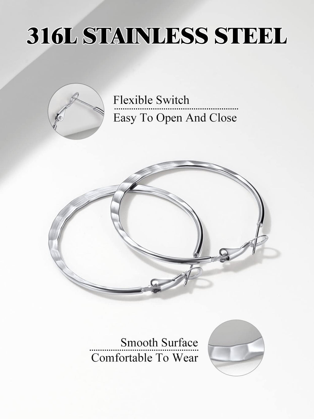 Richsteel Silver 40MM Hammerd Hoop Earrings for Women