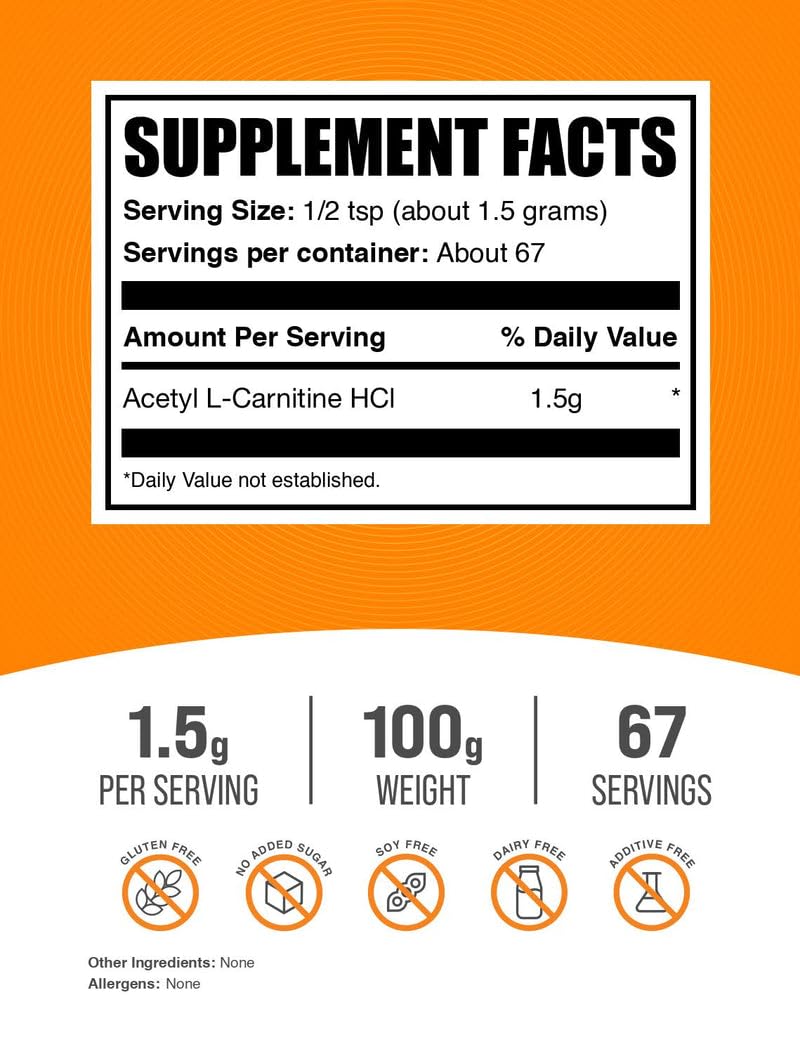 BulkSupplements.com Acetyl L-Carnitine Powder - as ALCAR HCl, Carnitine Supplement - Gluten Free, 1.5g per Serving, 100g (3.5 oz) (Pack of 1)