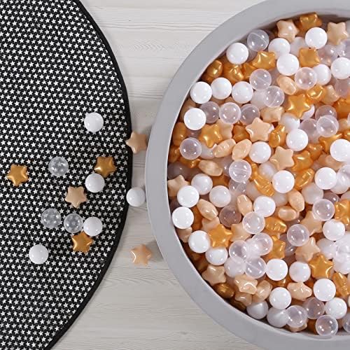 Ball Pit Balls with Starballs 100 - Crushproof Plasticballs for Babies Toddlers Kids Children for 1 2 3 4 5 Years Old,5 Colors,2.15inches, Beige Gold White Clear