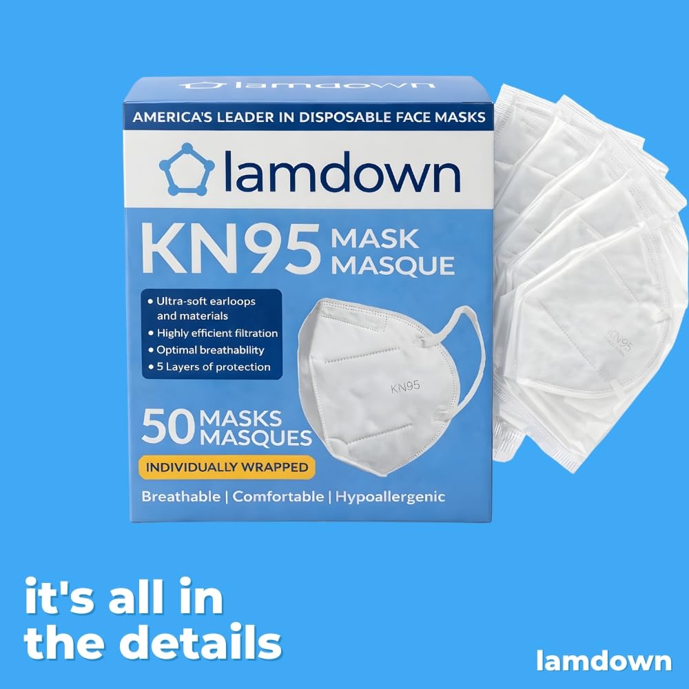 Lamdown (50-Pack) KN95 Face Masks, Individually Wrapped, Premium Disposable Dust Mask, White