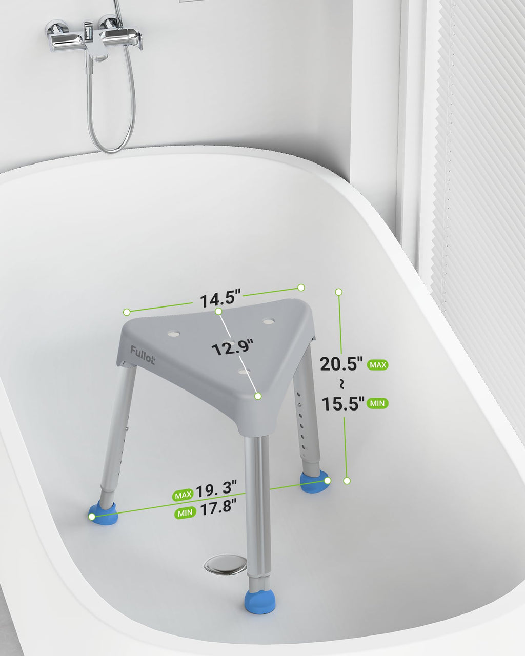 FULLOT Space-Saving Triangular Shower Chair for Elderly and Disabled, 400 lbs Adjustable Shower Stool Seat with Stable-Bracing, Non-Slip Bathtub Chair, Tool-Free Assembly