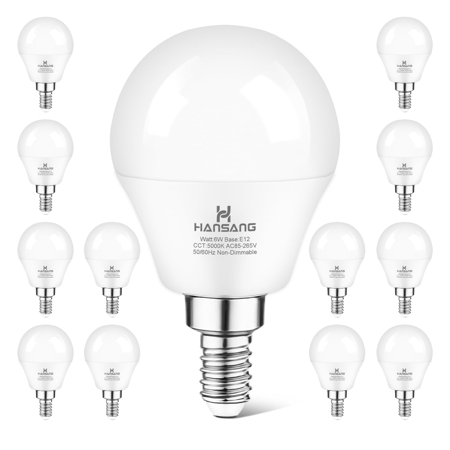 hansang 12-Pack E12 Candelabra LED Bulbs, A15 Shape 60W Equivalent 600LM, 5000K Daylight, Non-Dimmable for Ceiling Fan and Chandelier Lighting