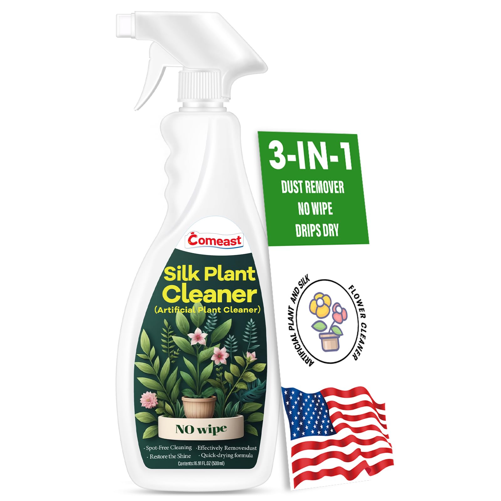 comeast Silk Plant Cleaner Spray No Wipe, Artificial Plant Cleaner and Silk Flower Cleaner Spray, Silk Flower Cleaner Spray No Wipe Spray Away Dust Remover, Drips Dry Faux Plant Spot16.91 Fl oz
