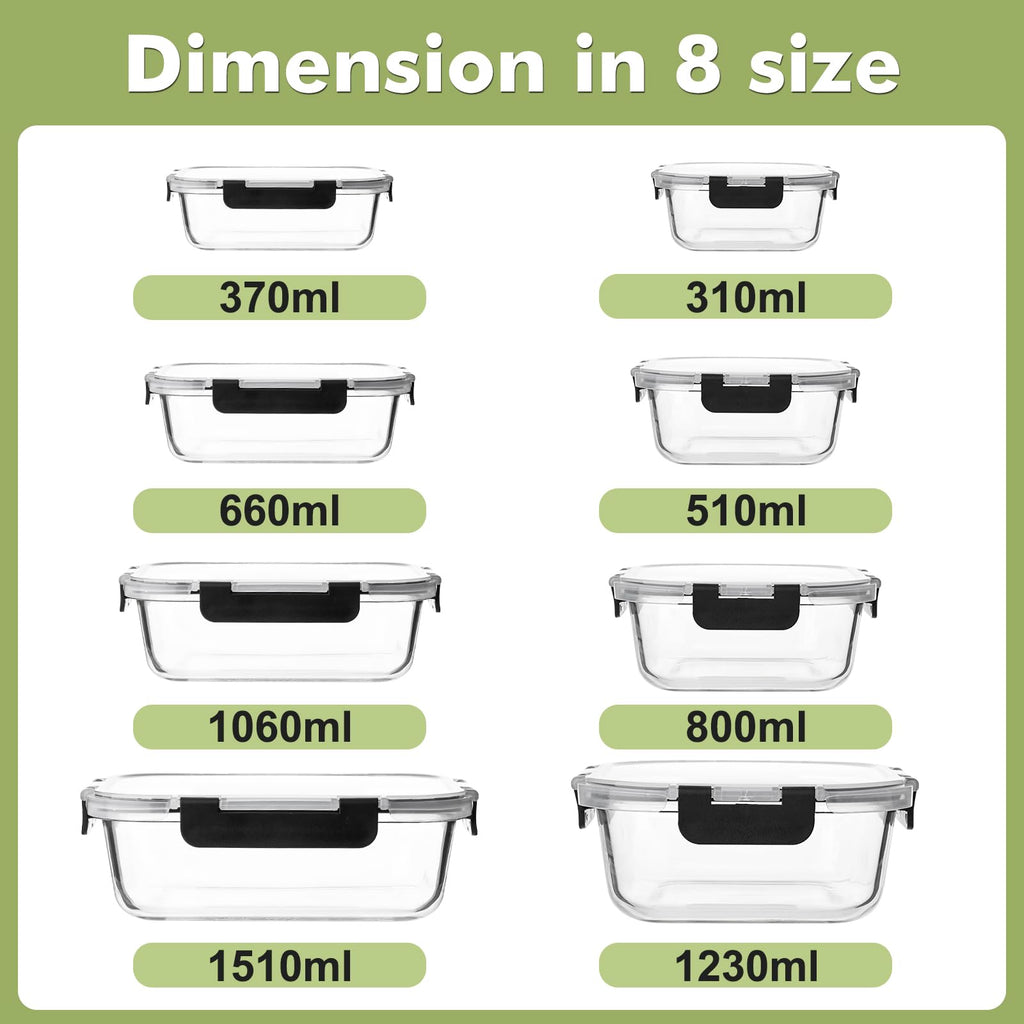 Liuruiyu 8 Pack Glass Food Storage Containers with Lids, Meal Prep Containers, Airtight Bento Boxes with Leak Proof Locking for Microwave, Oven, Freezer and Dishwasher, BPA Free