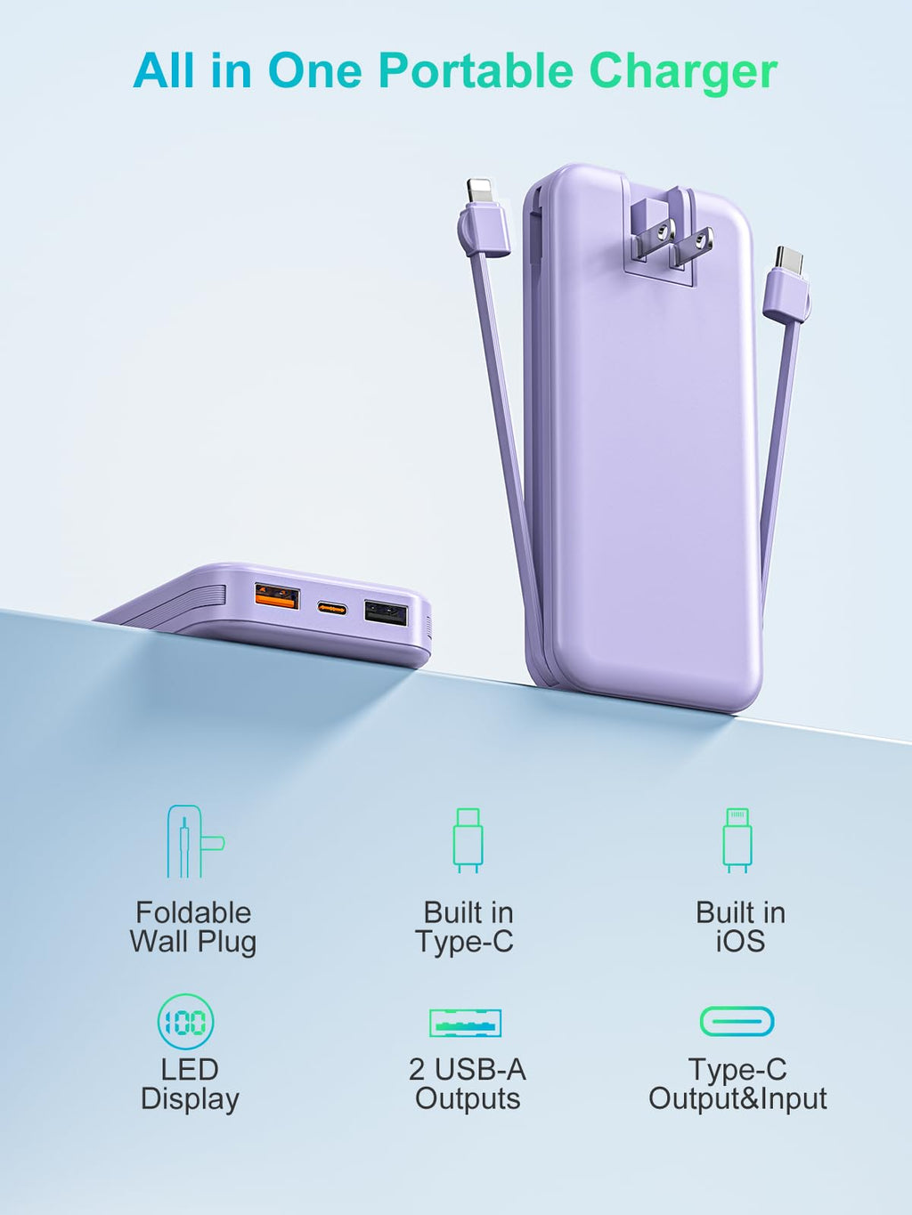 citicr Portable Charger 10000mAh PD20W w/Built-in Cables & Wall Plug Purple