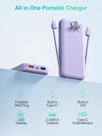 citicr Portable Charger 10000mAh PD20W w/Built-in Cables & Wall Plug Purple