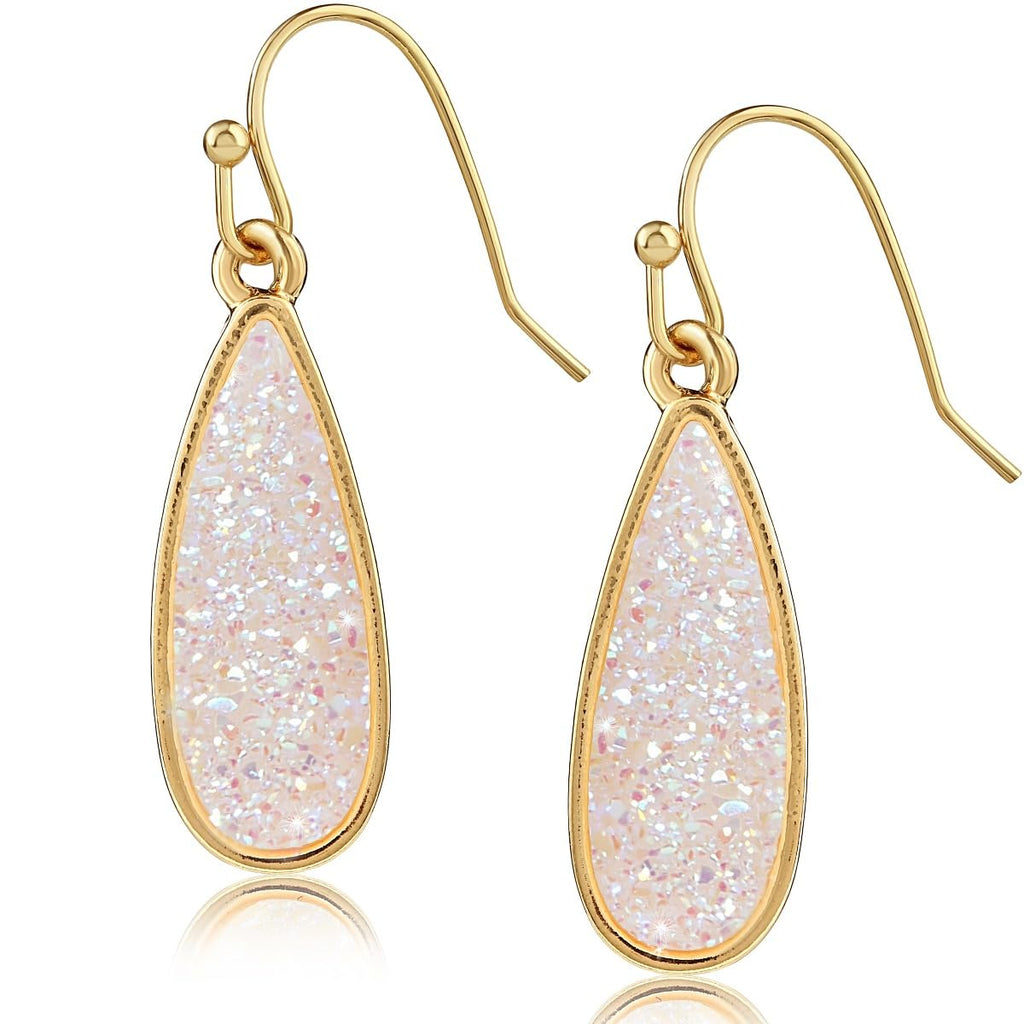 Faux Opal Druzy Drop Dangles, Gold Tone Sparkly Teardrop Earrings for Women