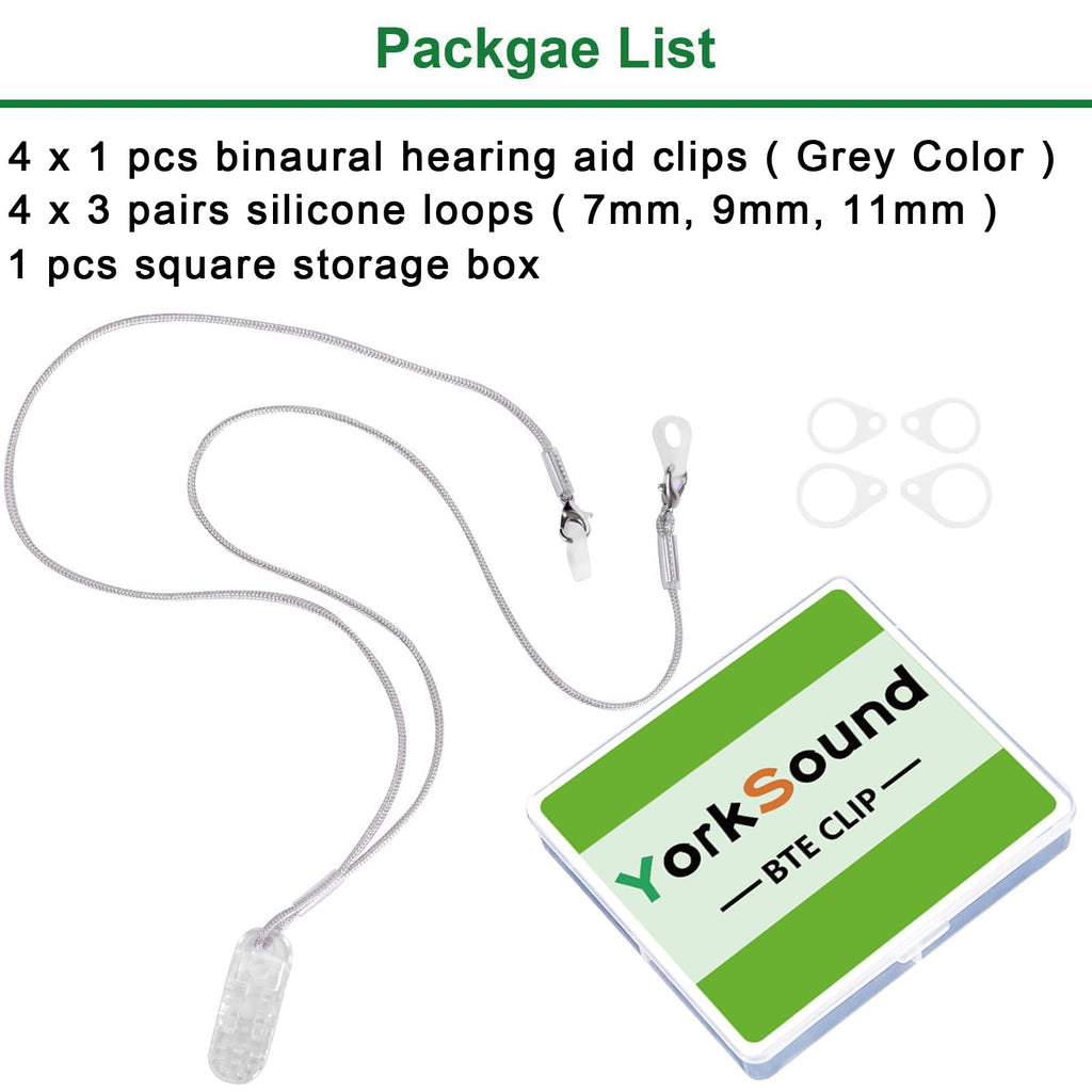 YorkSound Set of 4 Hearing Aid Clips, Adjustable Hearing Aid Lanyard Anti-Lost BTE Clip String with 12 Pairs Silicone Loops, Hearing Protection Accessories for Adults & Kids, Binaural, Grey