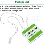 YorkSound Set of 4 Hearing Aid Clips, Adjustable Hearing Aid Lanyard Anti-Lost BTE Clip String with 12 Pairs Silicone Loops, Hearing Protection Accessories for Adults & Kids, Binaural, Grey
