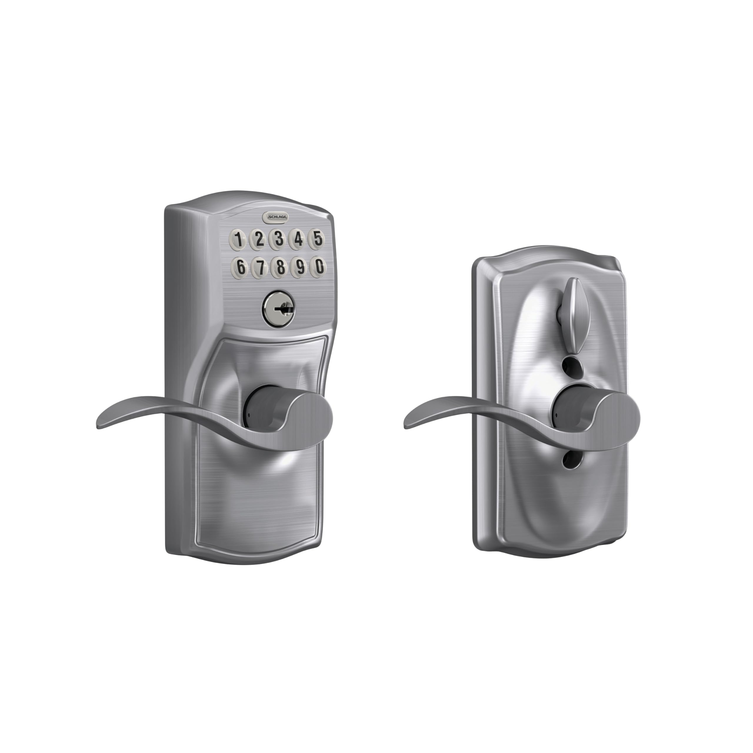 Schlage Camelot Keypad Lock with Lever Handle, Electronic Keyless Door Entry, Flex Lock Auto‑Lock Option, Satin Chrome, FE595 CAM 626 ACC