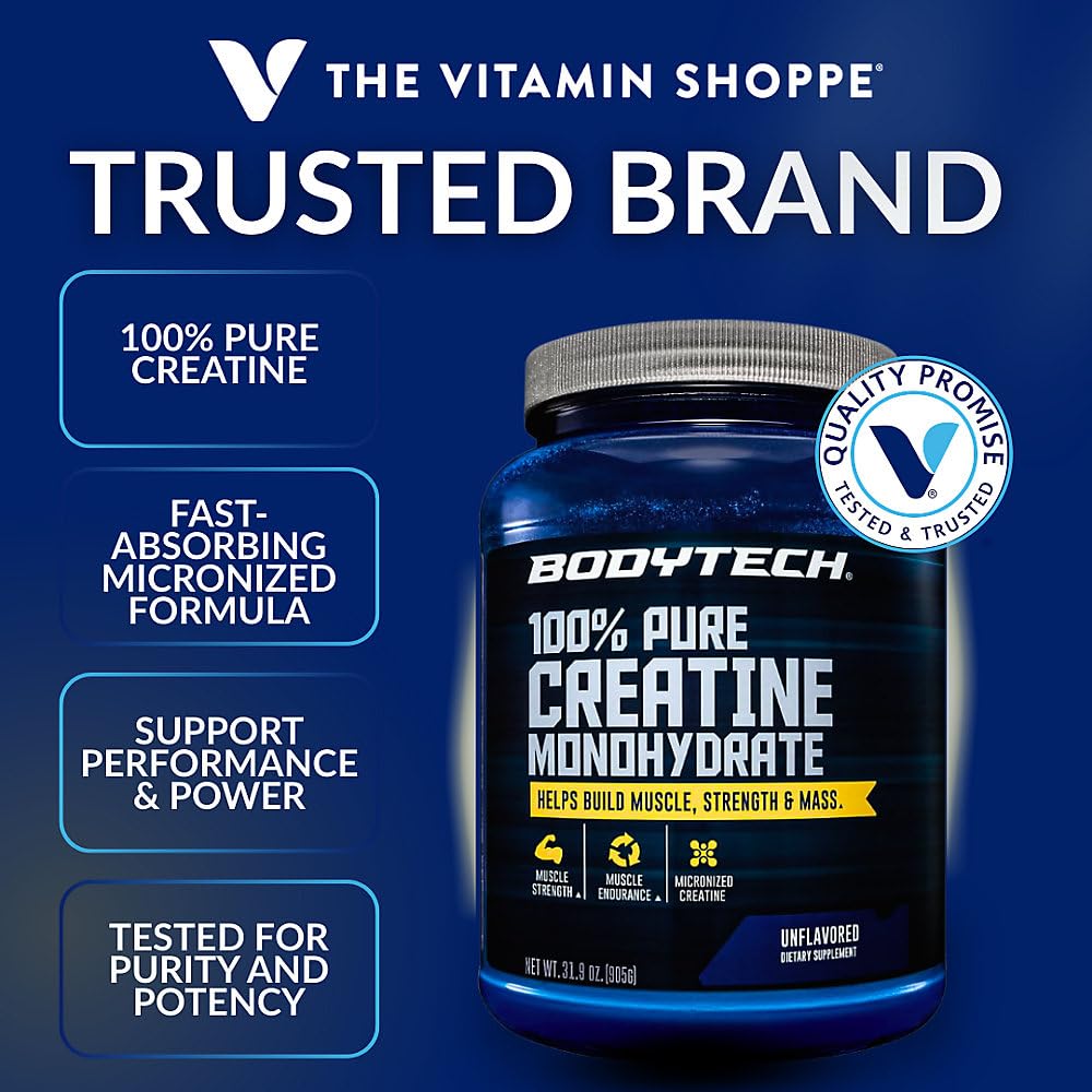BodyTech Creatine Monohydrate Powder, Unflavored Micronized Creatine Formula for Men and Women, 5g per Serving, Pre Workout & Post Workout Supplement, Gluten Free, Sugar Free, 31.9 Oz, 181 Servings