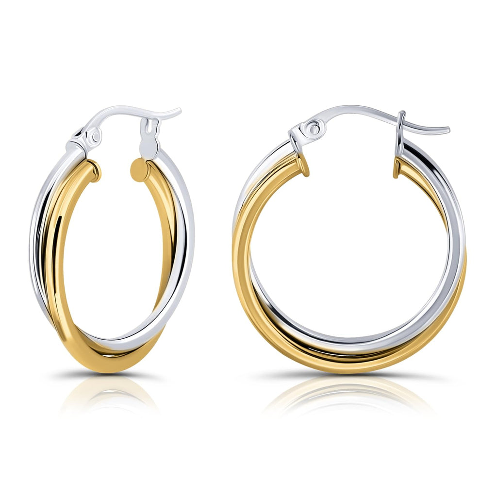 Hoops & Loops 925 Sterling Silver Intertwined Round Hoop Earrings for Women, Two-Tone Layered Trendy Double Square-Tube Hypoallergenic Click-Top Hoops, 20mm - Two-Tone Silver & Yellow Gold