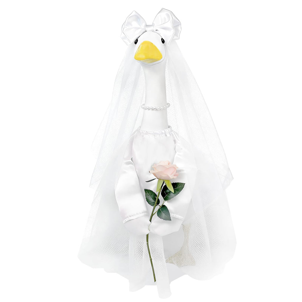 Bride Porch Goose Outfit, 3 Pcs Wedding Goose Clothes with Bow Headband, Pearl Necklace & Rose Dress, Cute Bridal Goose Costume Fits 23 Inch Lawn Statue for Yard Patio Garden Wedding Decor