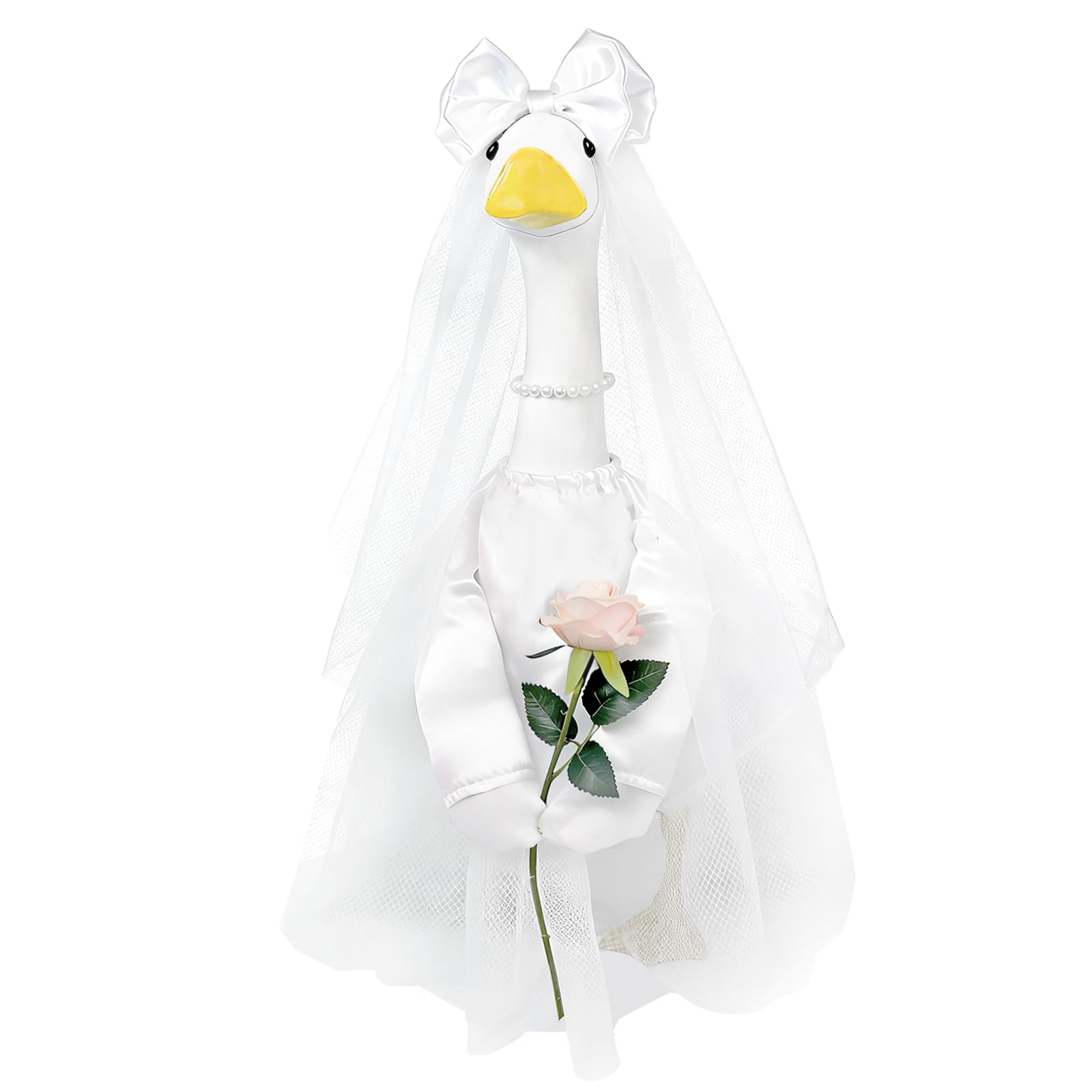 Bride Porch Goose Outfit, 3 Pcs Wedding Goose Clothes with Bow Headband, Pearl Necklace & Rose Dress, Cute Bridal Goose Costume Fits 23 Inch Lawn Statue for Yard Patio Garden Wedding Decor