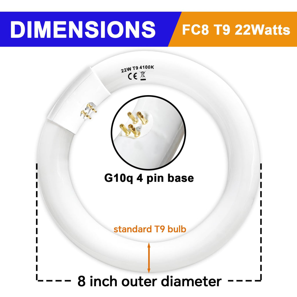 Celiwace FC8T9/CW 22W and FC12T9/CW 32W Cool White Set, 8 inch T9 22 Watts Circular Light Bulbs, 12 inch 32 Watts Circline Fluorescent Bulb Round Ring Bulb CRI 80, G10q Prong