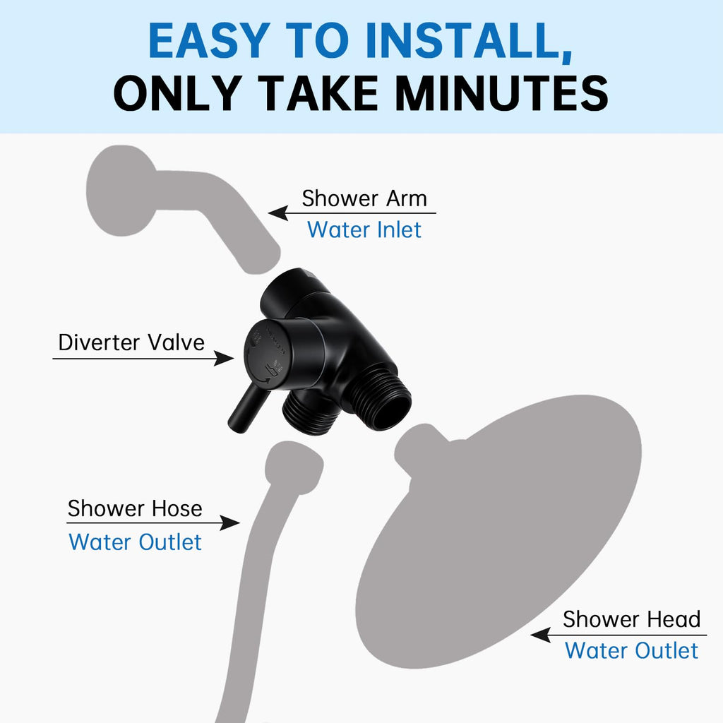 G-Promise Solid Metal Shower Arm Diverter for Hand Held Showerhead and Fixed Spray Head, G 1/2 3-Way Bathroom Universal Diverter System Replacement Part (Matte Black)