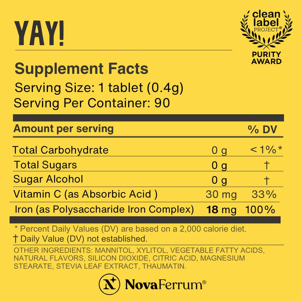NovaFerrum Yay | Chewable Iron Supplement for Kids & Adults Ages 4 and Over | 18mg of Iron | 90 Servings | Sugar Free | Vegan | Gluten Free | Orange Flavor
