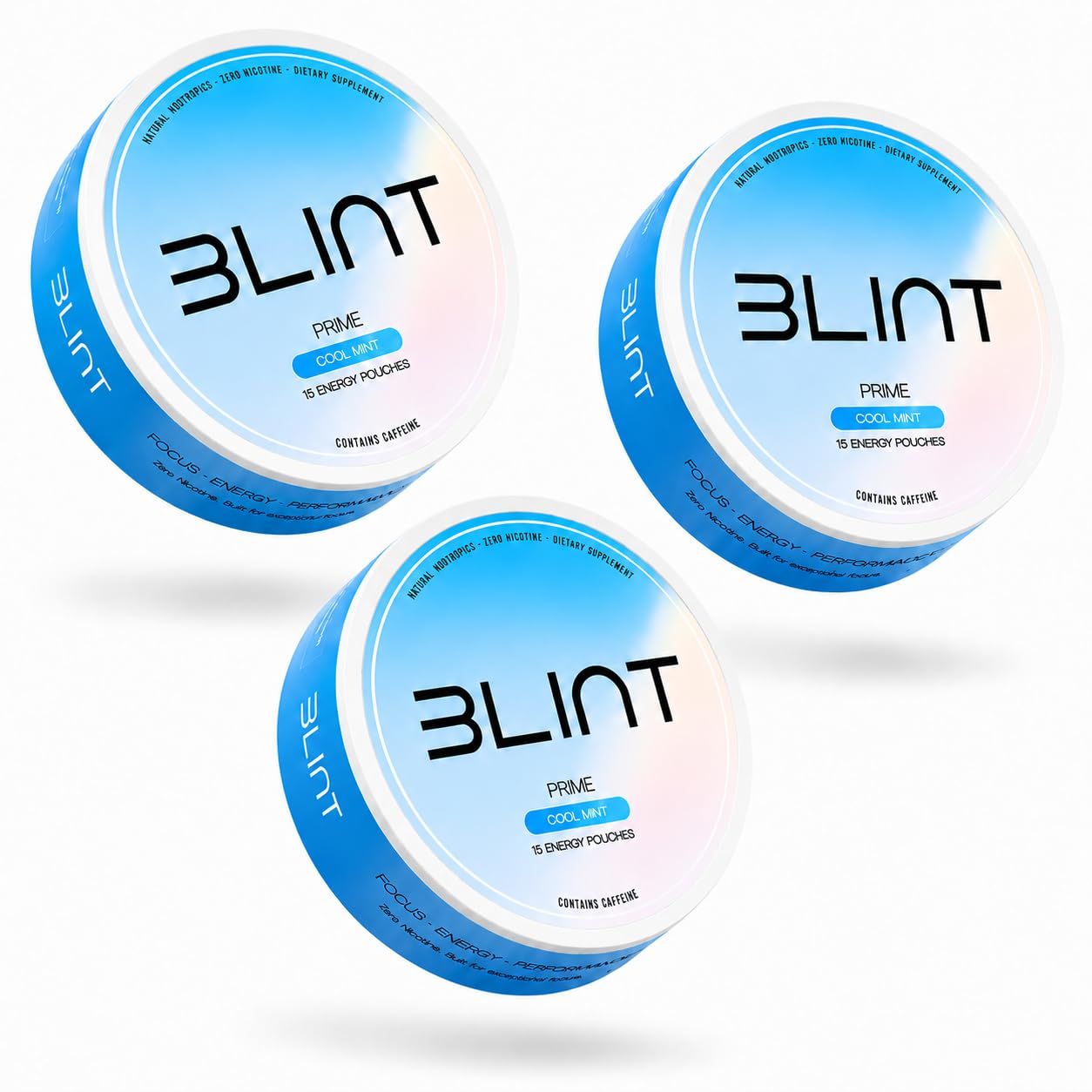 BLINT Prime Nootropic Pouches – L-Theanine, L-Tyrosine & Caffeine | Focus + Energy Supplement | Nicotine-Free, Tobacco-Free | 15 Pouches | Cool Mint (3 Cans)