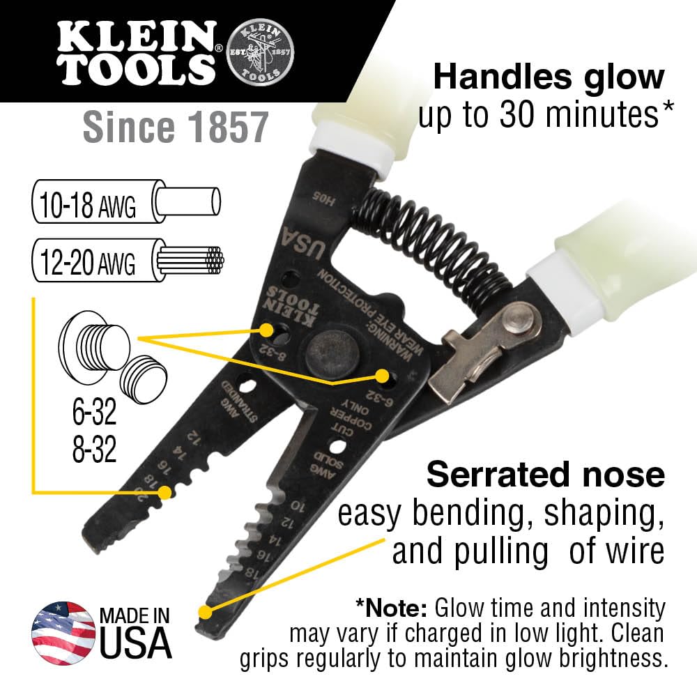 Klein Tools 11055GLW Wire Stripper / Cutter, Made in USA, Klein-Kurve Stripper / Cutter, 10-18 AWG Solid, 12-20 AWG Stranded Wire, Glow in the Dark Grips