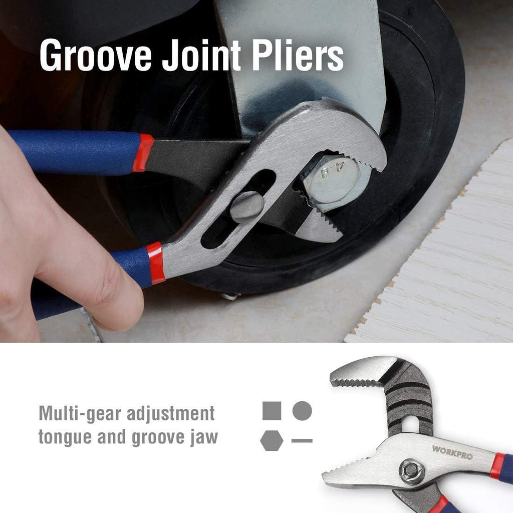 WORKPRO Large Pliers & Wrench Set 6-Piece (10" Water Pump, 10" Slip Joint, 8" Long Nose, 8" Linesman, 6" Diagonal, 8" Adjustable Wrench) for DIY & Home Use, W001329A